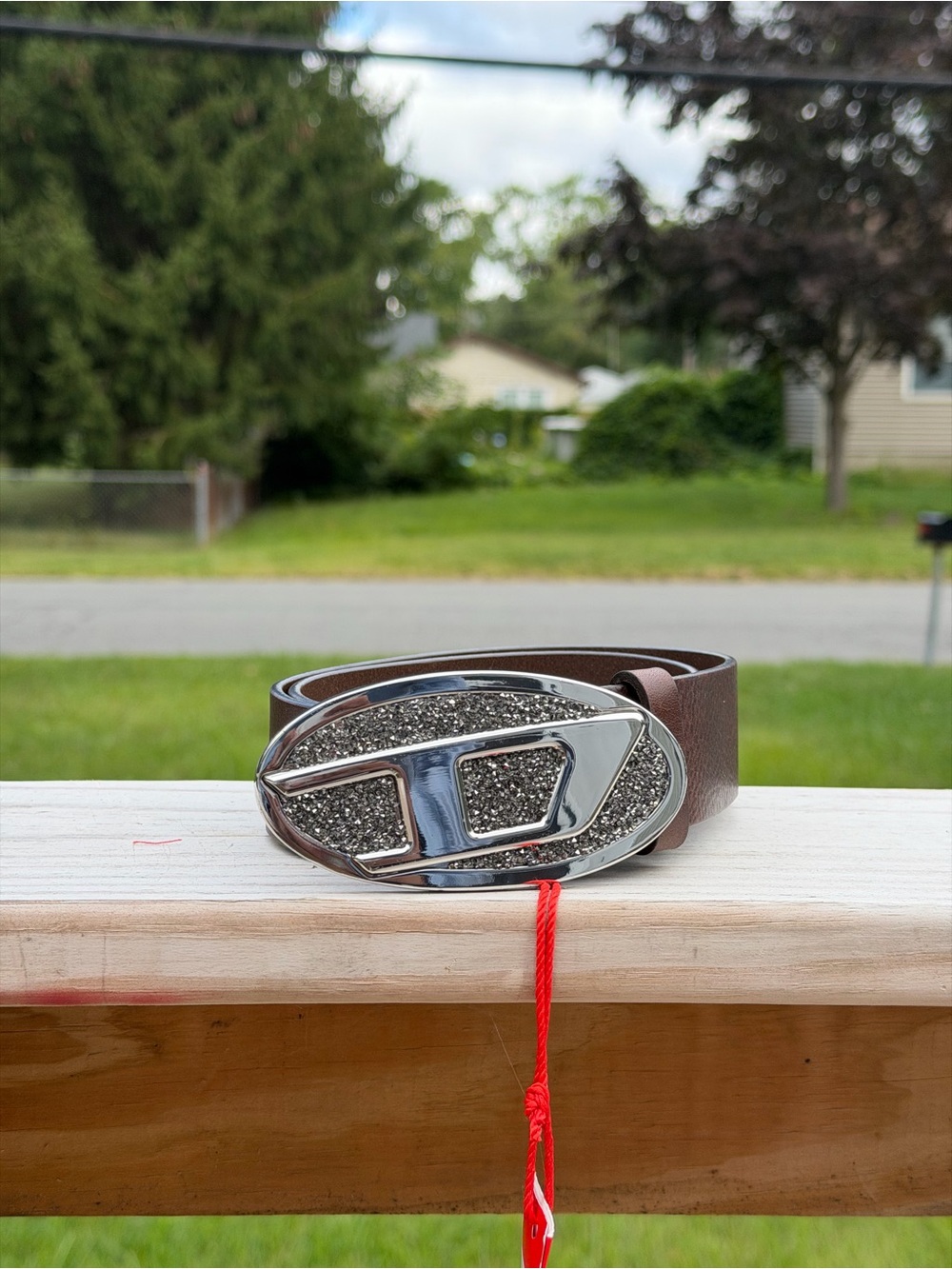 Diesel Brown Leather Belt with Silver Glitter Logo Buckle